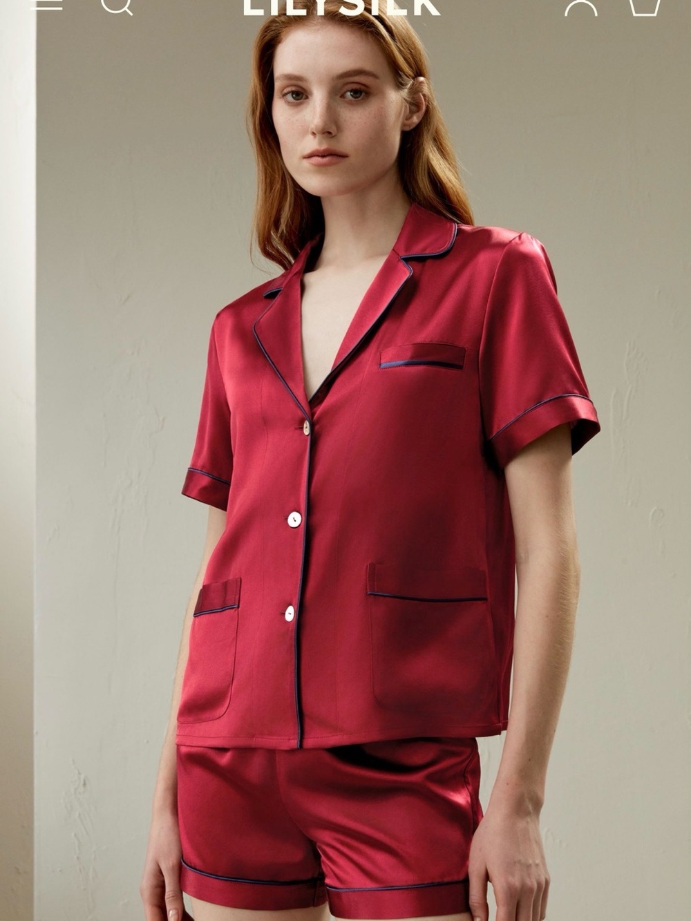 LILYSILK Women's Short Sleeve Satin Pajama Set in Deep Red